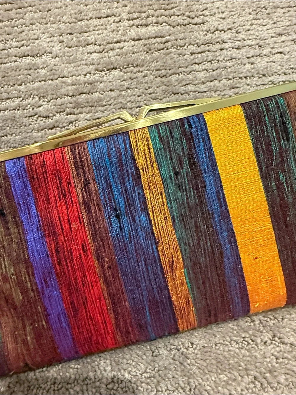 Vintage Neiman Marcus Hand Woven Silk Multicolor Striped Frame Clutch